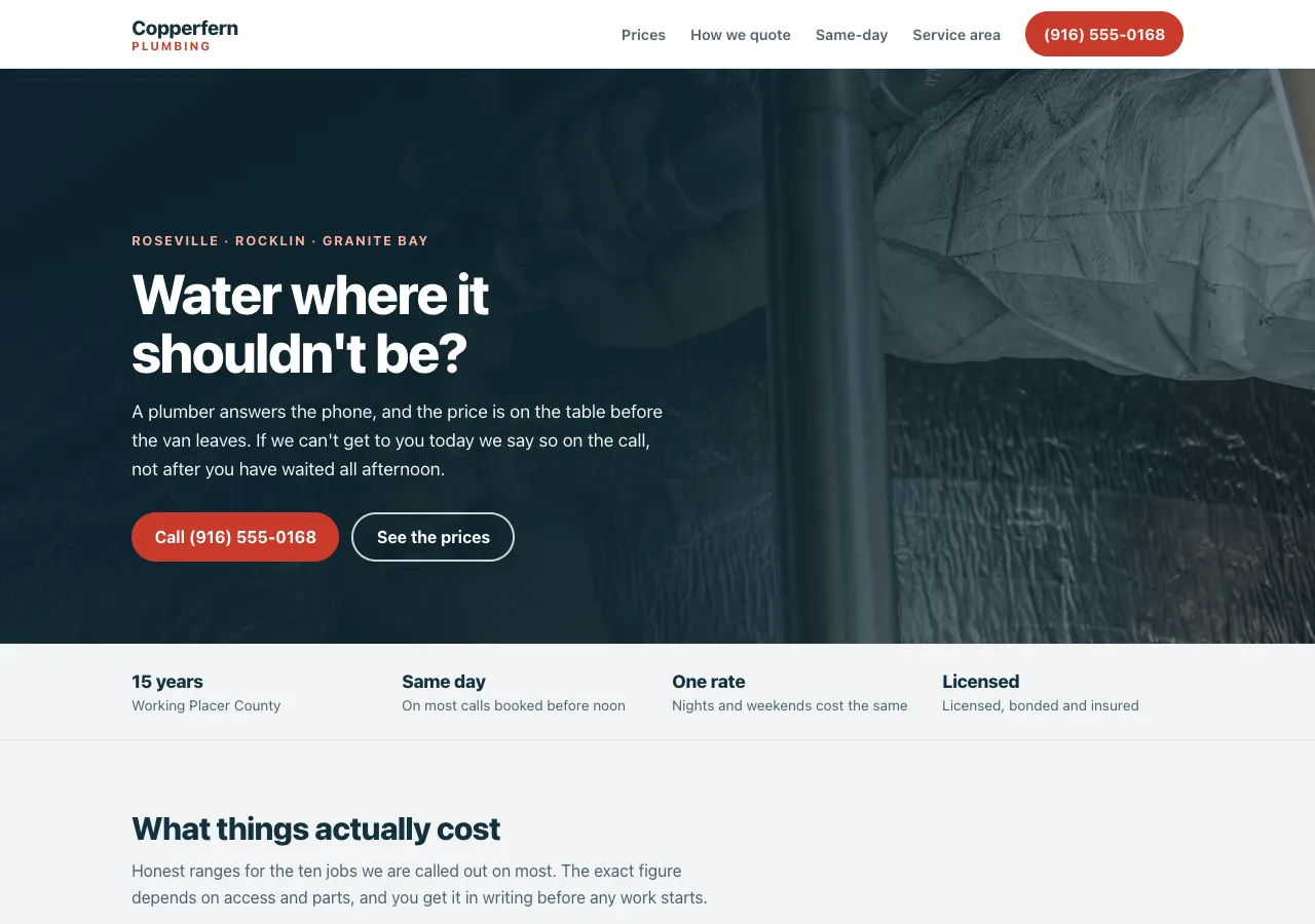 Screenshot of the Copperfern Plumbing concept build — a fictional Roseville plumbing company — showing a photographic hero above the phone number and the upfront price table.