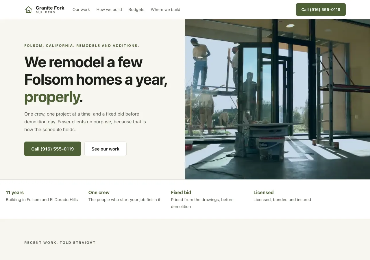 Screenshot of the Granite Fork Builders concept build — a fictional Folsom remodeling contractor — showing a split hero with a finished kitchen beside the headline.