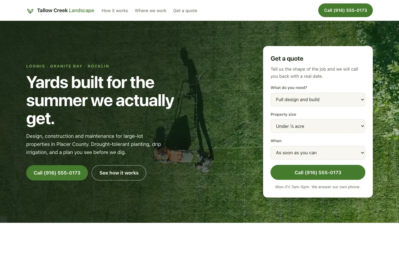 Concept build for Tallow Creek Landscape, an invented Loomis landscape contractor: a video hero over a dark planted-green palette, with the five-step job laid out as a horizontal track.